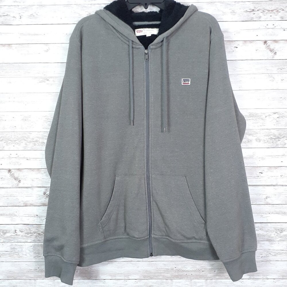 Levis Mens Full Zip Hoodie Jacket XL Sherpa Lined Gray Black 699A